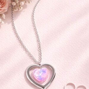 Silver Heart Necklace with Pink Crystal